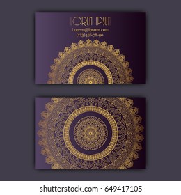 Vector vintage visiting card set. Glowing shiny floral mandala pattern and ornaments. Luxury design