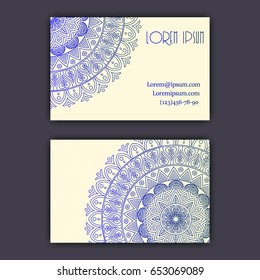 Vector vintage visiting card set. Glowing shiny floral mandala pattern and ornaments. Luxury design