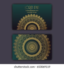 Vector vintage visiting card set. Glowing shiny floral mandala pattern and ornaments. Luxury design