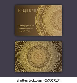 Vector vintage visiting card set. Glowing shiny floral mandala pattern and ornaments. Luxury design