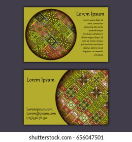 Vector vintage visiting card set. Floral mandala pattern and ornaments. Oriental design Layout. Islam, Arabic, Indian, ottoman motifs. Front page and back page.
