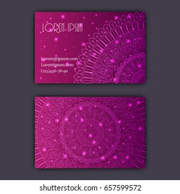 Vector vintage visiting card set. Glowing shiny floral mandala pattern and ornaments. Luxury design