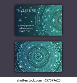 Vector vintage visiting card set. Glowing shiny floral mandala pattern and ornaments. Luxury design