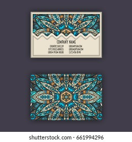 Vector vintage visiting card set. Floral mandala pattern and ornaments. Oriental design Layout. Islam, Arabic, Indian, ottoman motifs. Front page and back page.