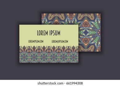 Vector vintage visiting card set. Floral mandala pattern and ornaments. Oriental design Layout. Islam, Arabic, Indian, ottoman motifs. Front page and back page.