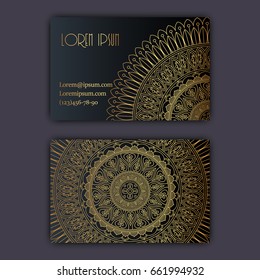 Vector vintage visiting card set. Glowing shiny floral mandala pattern and ornaments. Luxury design
