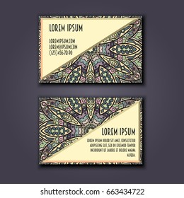 Vector vintage visiting card set. Floral mandala pattern and ornaments. Oriental design Layout. Islam, Arabic, Indian, ottoman motifs. Front page and back page.
