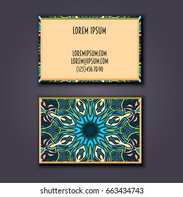 Vector vintage visiting card set. Floral mandala pattern and ornaments. Oriental design Layout. Islam, Arabic, Indian, ottoman motifs. Front page and back page.