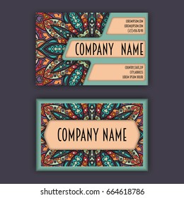 Vector vintage visiting card set. Floral mandala pattern and ornaments. Oriental design Layout. Islam, Arabic, Indian, ottoman motifs. Front page and back page.