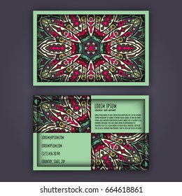 Vector vintage visiting card set. Floral mandala pattern and ornaments. Oriental design Layout. Islam, Arabic, Indian, ottoman motifs. Front page and back page.