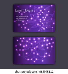 Vector vintage visiting card set. Glowing shiny floral mandala pattern and ornaments. Luxury design