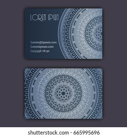 Vector vintage visiting card set. Glowing shiny floral mandala pattern and ornaments. Luxury design