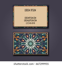 Vector vintage visiting card set. Floral mandala pattern and ornaments. Oriental design Layout. Islam, Arabic, Indian, ottoman motifs. Front page and back page.