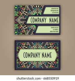 Vector vintage visiting card set. Floral mandala pattern and ornaments. Oriental design Layout. Islam, Arabic, Indian, ottoman motifs. Front page and back page.