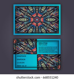Vector vintage visiting card set. Floral mandala pattern and ornaments. Oriental design Layout. Islam, Arabic, Indian, ottoman motifs. Front page and back page.