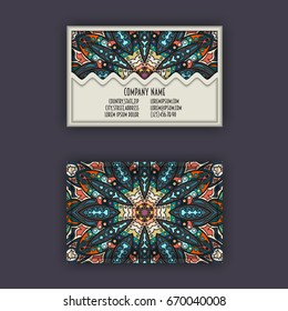 Vector vintage visiting card set. Floral mandala pattern and ornaments. Oriental design Layout. Islam, Arabic, Indian, ottoman motifs. Front page and back page.