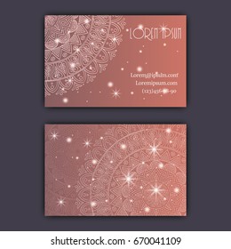 Vector vintage visiting card set. Glowing shiny floral mandala pattern and ornaments. Luxury design