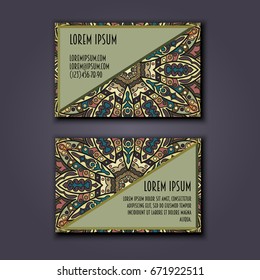 Vector vintage visiting card set. Floral mandala pattern and ornaments. Oriental design Layout. Islam, Arabic, Indian, ottoman motifs. Front page and back page.