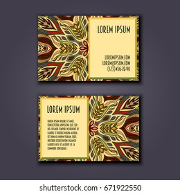 Vector vintage visiting card set. Floral mandala pattern and ornaments. Oriental design Layout. Islam, Arabic, Indian, ottoman motifs. Front page and back page.