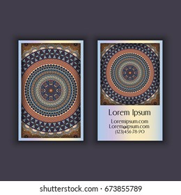 Vector vintage visiting card set. Floral mandala pattern and ornaments. Oriental design Layout. Islam, Arabic, Indian, ottoman motifs. Front page and back page.