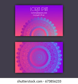Vector vintage visiting card set. Glowing shiny floral mandala pattern and ornaments. Luxury design