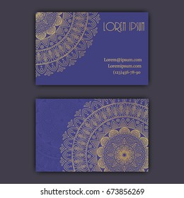 Vector vintage visiting card set. Glowing shiny floral mandala pattern and ornaments. Luxury design