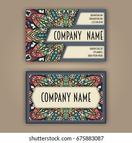 Vector vintage visiting card set. Floral mandala pattern and ornaments. Oriental design Layout. Islam, Arabic, Indian, ottoman motifs. Front page and back page.