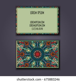 Vector vintage visiting card set. Floral mandala pattern and ornaments. Oriental design Layout. Islam, Arabic, Indian, ottoman motifs. Front page and back page.
