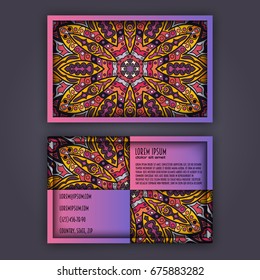 Vector vintage visiting card set. Floral mandala pattern and ornaments. Oriental design Layout. Islam, Arabic, Indian, ottoman motifs. Front page and back page.