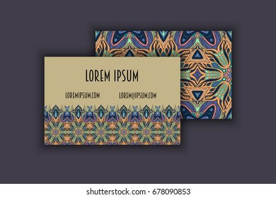 Vector vintage visiting card set. Floral mandala pattern and ornaments. Oriental design Layout. Islam, Arabic, Indian, ottoman motifs. Front page and back page.