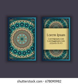 Vector vintage visiting card set. Floral mandala pattern and ornaments. Oriental design Layout. Islam, Arabic, Indian, ottoman motifs. Front page and back page.