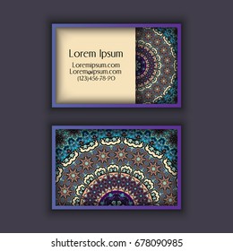 Vector vintage visiting card set. Floral mandala pattern and ornaments. Oriental design Layout. Islam, Arabic, Indian, ottoman motifs. Front page and back page.