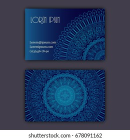 Vector vintage visiting card set. Glowing shiny floral mandala pattern and ornaments. Luxury design