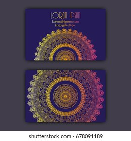 Vector vintage visiting card set. Glowing shiny floral mandala pattern and ornaments. Luxury design