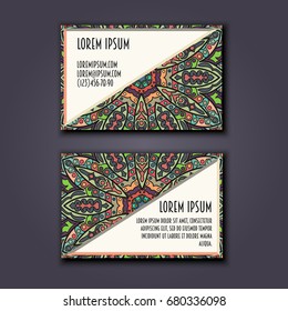 Vector vintage visiting card set. Floral mandala pattern and ornaments. Oriental design Layout. Islam, Arabic, Indian, ottoman motifs. Front page and back page.