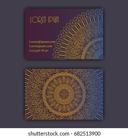 Vector vintage visiting card set. Glowing shiny floral mandala pattern and ornaments. Luxury design
