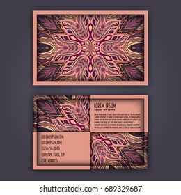 Vector vintage visiting card set. Floral mandala pattern and ornaments. Oriental design Layout. Islam, Arabic, Indian, ottoman motifs. Front page and back page.
