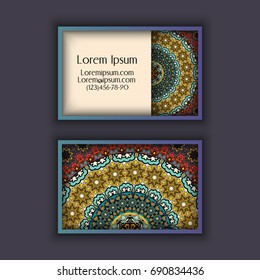 Vector vintage visiting card set. Floral mandala pattern and ornaments. Oriental design Layout. Islam, Arabic, Indian, ottoman motifs. Front page and back page.