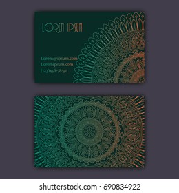 Vector vintage visiting card set. Glowing shiny floral mandala pattern and ornaments. Luxury design