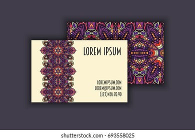 Vector vintage visiting card set. Floral mandala pattern and ornaments. Oriental design Layout. Islam, Arabic, Indian, ottoman motifs. Front page and back page.