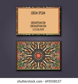 Vector vintage visiting card set. Floral mandala pattern and ornaments. Oriental design Layout. Islam, Arabic, Indian, ottoman motifs. Front page and back page.