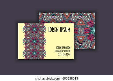 Vector vintage visiting card set. Floral mandala pattern and ornaments. Oriental design Layout. Islam, Arabic, Indian, ottoman motifs. Front page and back page.