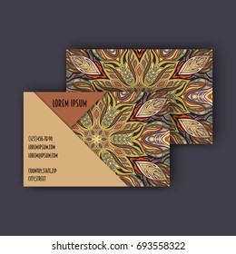 Vector vintage visiting card set. Floral mandala pattern and ornaments. Oriental design Layout. Islam, Arabic, Indian, ottoman motifs. Front page and back page.
