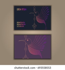 Vector vintage visiting card set. Glowing shiny geometric bird. Luxury design