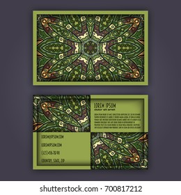 Vector vintage visiting card set. Floral mandala pattern and ornaments. Oriental design Layout. Islam, Arabic, Indian, ottoman motifs. Front page and back page.