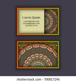 Vector vintage visiting card set. Floral mandala pattern and ornaments. Oriental design Layout. Islam, Arabic, Indian, ottoman motifs. Front page and back page.