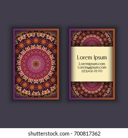 Vector vintage visiting card set. Floral mandala pattern and ornaments. Oriental design Layout. Islam, Arabic, Indian, ottoman motifs. Front page and back page.