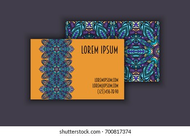 Vector vintage visiting card set. Floral mandala pattern and ornaments. Oriental design Layout. Islam, Arabic, Indian, ottoman motifs. Front page and back page.