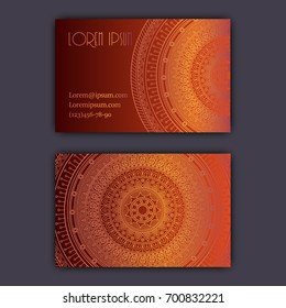 Vector vintage visiting card set. Glowing shiny floral mandala pattern and ornaments. Luxury design