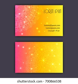 Vector vintage visiting card set. Glowing shiny floral mandala pattern and ornaments. Luxury design